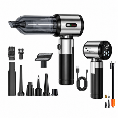 A cordless handheld vacuum cleaner set shown on a white background, including the main vacuum body, a second angle view with a digital display, several attachment nozzles, a charging cable, and a pump accessory.